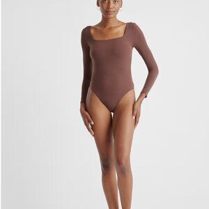 Quince Second Skin Square Neck Long Sleeve Bodysuit Small Cocoa NWT
